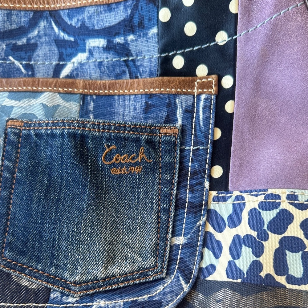 Coach Patchwork Denim and Brown Leather Shoulder Bag with Purple Accent - Picture 7 of 8